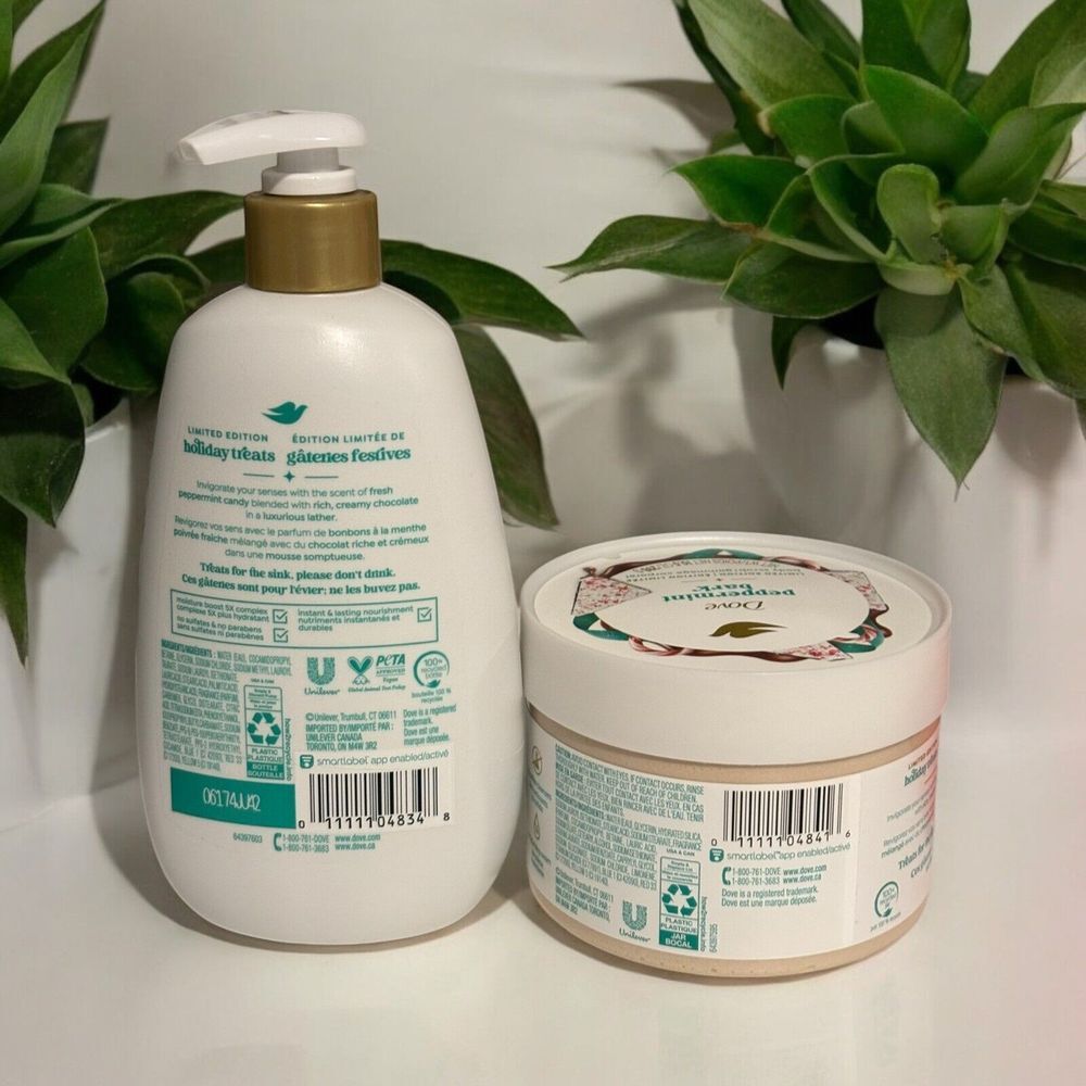Dove Limited Edition‎ Peppermint Bark Body Scrub  10.5 Oz & Hand Wash 12 Oz - Picture 2 of 3